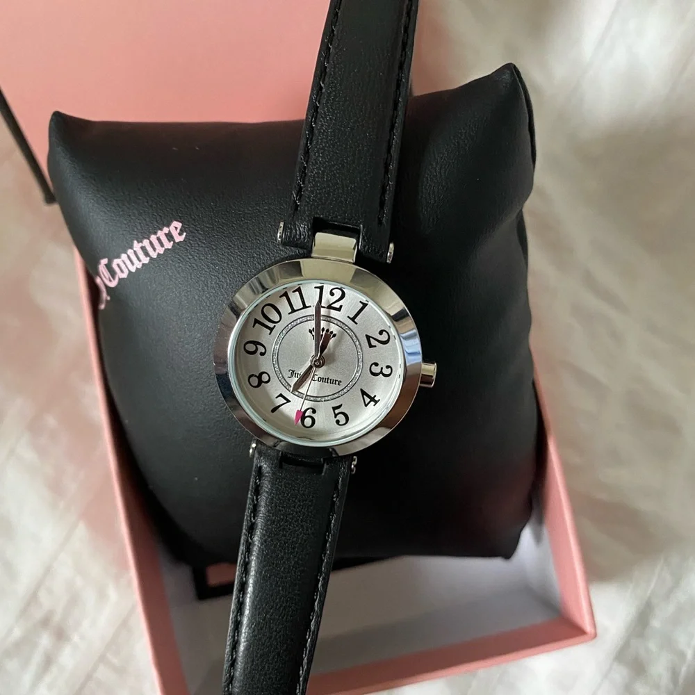 JUICY COUTURE BLACK GENUINE LEATHER STRAP WATCH MSRP 145.00 NWT